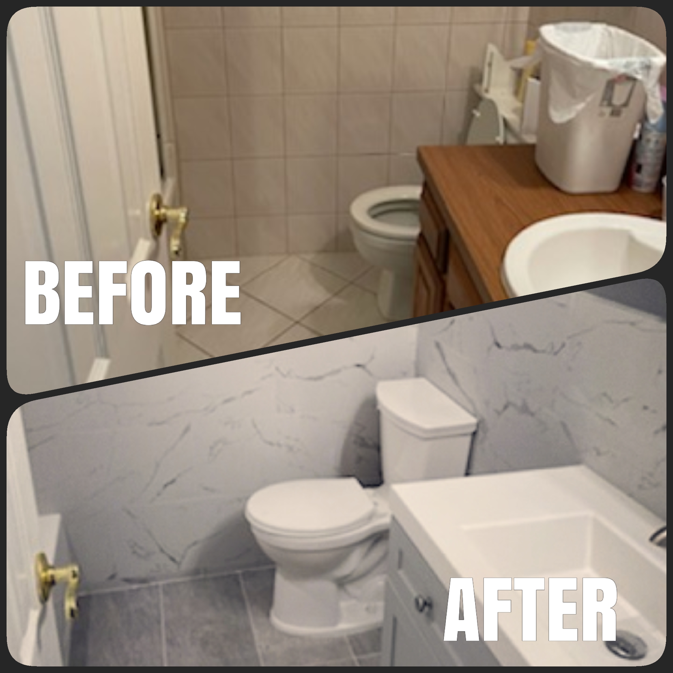 A before and after of our bathroom remodel. Before our services the bathroom was plain with tile flooring and wall. A wooden countertop next to the toilet with a trashcan on top of it. Afterwards, the flooring was replaced with graphite and matching it the wall has an almost marble texture. the counter top was replaced to remain in line with the beautiful neutral color scheme.