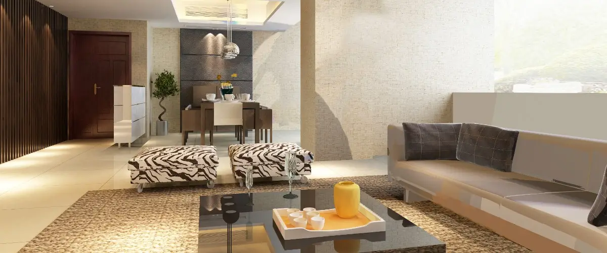 A modern basement featuring a stylish zebra print rug on a polished wooden floor