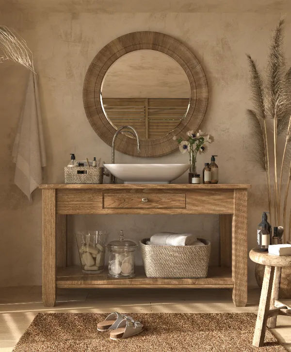 A rustic wooden bathroom vanity with a round mirror, sink, and decorative items, surrounded by soft lighting and natural elements.