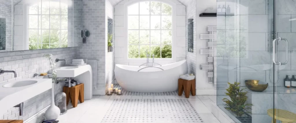 A spacious bathroom featuring a large tub and a separate shower area