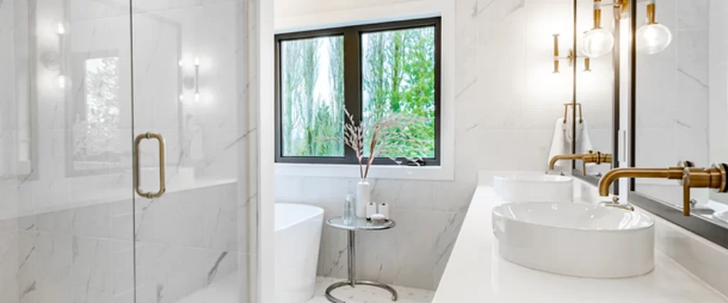 bathroom remodeling red bank nj luxurious bathroom with marble tiles glass shower dual vanities brass fixtures