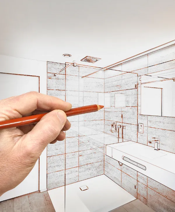 a composite of a real bathroom and a hand drawn sketch, illustrating the process of bathroom design or remodeling