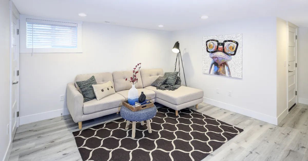 a cozy furnished basement with a light colored sofa, dark colored rug and framed art on the white wall