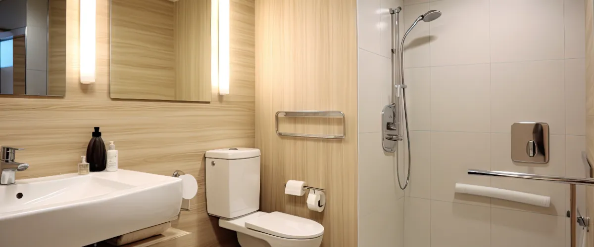 an remodeled bathroom designed for individuals with physical impairments or reduced mobility, featuring several accessibility features