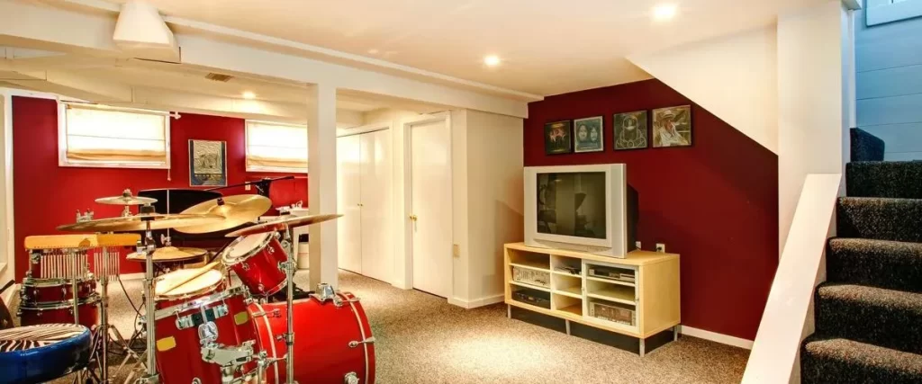A basement remodeled into a vibrant music room with a drum set and television setup. This space provides both creative and entertainment options, perfect for music lovers.