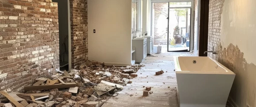 A modern white freestanding bathtub placed in a large room during a bathroom demolition with exposed brick walls and floor debris.