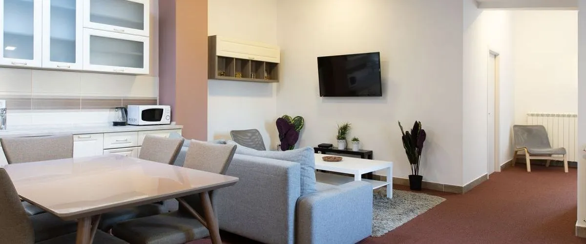 open concept basement living area with dining table grey sofa and compact kitchenette