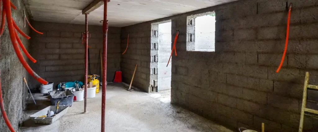 the interior of a basement or cellar under construction, likely undergoing preparation for a waterproofing process, also known as tanking