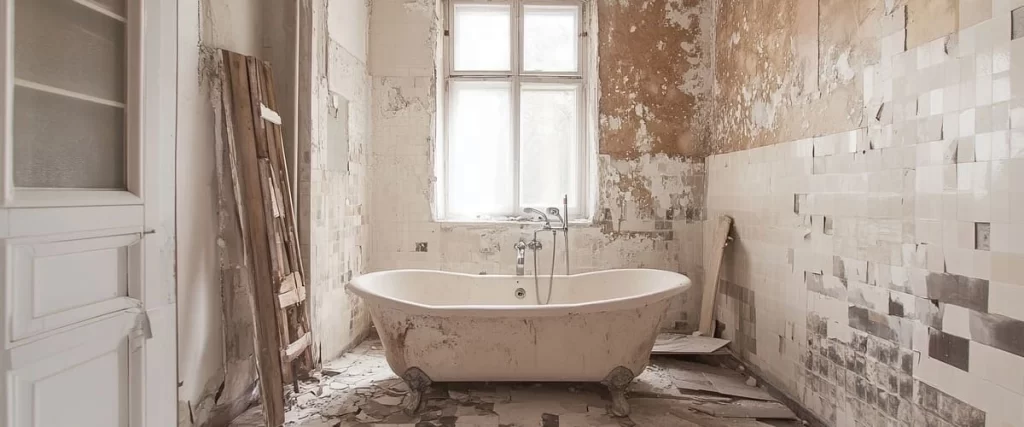 An old clawfoot bathtub sitting in a room with peeling paint and crumbling plaster walls during a complete bathroom demolition.