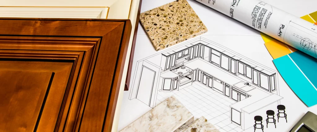 A collection of wood cabinet doors, granite samples, and kitchen layout blueprints prepared for a zoning permit application.
