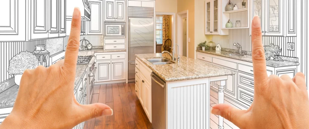 A first-person view of hands framing a modern kitchen interior transitioning from a line drawing to a finished remodel, reflecting building permit standards.