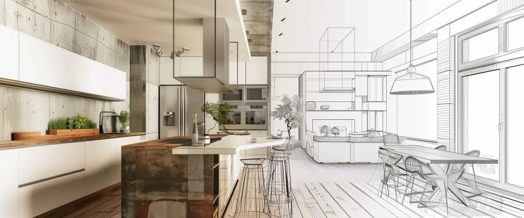 A detailed architectural sketch overlaid on a modern kitchen remodeling concept featuring a large island, industrial concrete walls, and wooden accents.