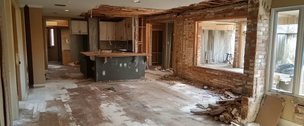 Interior construction site showing the process of removing kitchen wall structures to create an open floor plan with exposed brick and ceiling joists.
