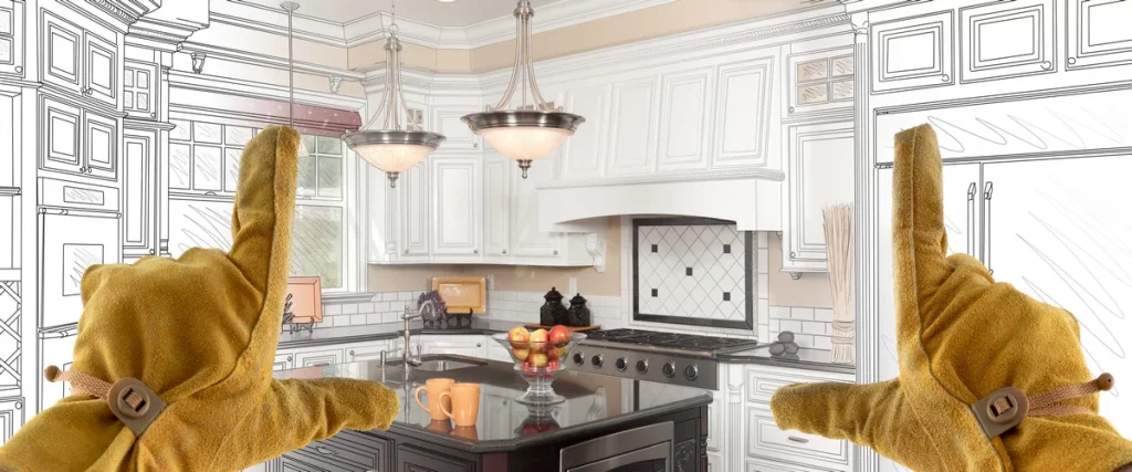 A conceptual kitchen plan visualization showing a contractor's gloved hands framing a finished luxury kitchen with white cabinets and architectural line drawings overlaid.