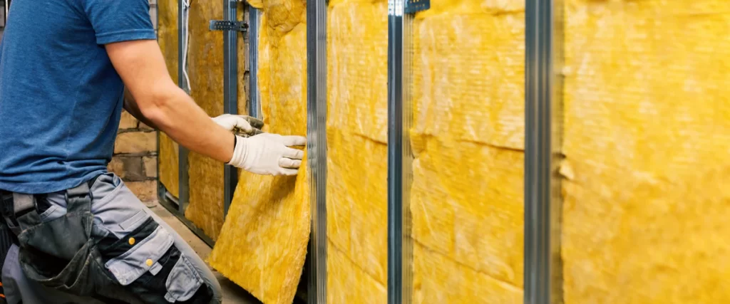 A construction worker wearing gloves installs yellow fiberglass batt wall insulation into a metal frame structure during a home renovation project.