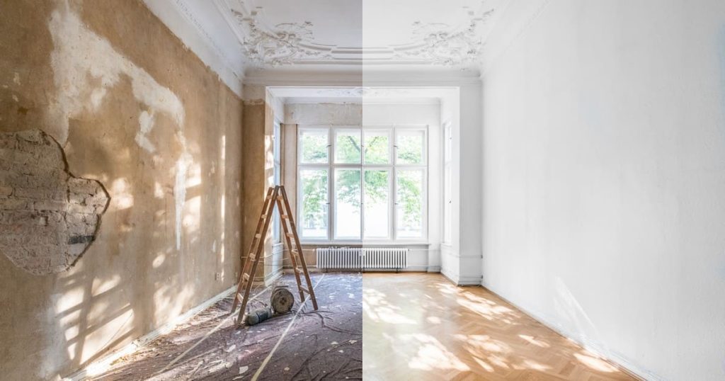 A split before and after view showing the progress of a whole home remodeling NJ project, transforming a rough, unfinished room with exposed brick and a wooden ladder into a bright, clean space with white walls and restored hardwood floors.