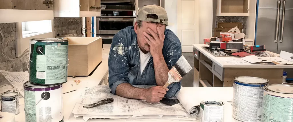 A frustrated man holding a paintbrush covers his face with his hand while leaning over architectural blueprints, surrounded by scattered paint cans in an unfinished kitchen, illustrating a stressful remodeling design consistency problem.