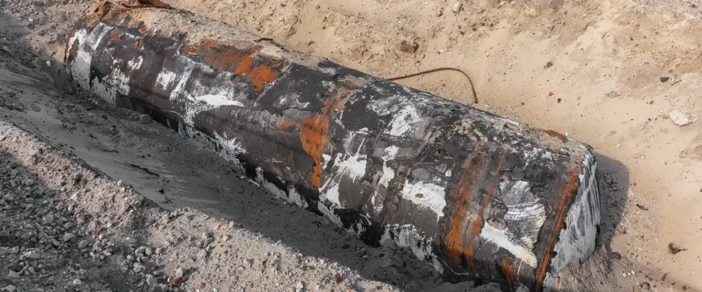 A large, rusty, and heavily weathered cylindrical septic tank exposed in a sandy excavation trench during a removal or replacement project.