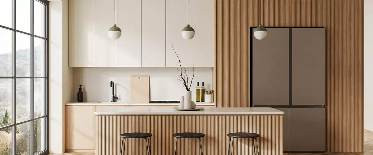 Minimalist modern kitchen featuring light wood vertical slat walls and island, flat-panel white upper cabinets, and black contemporary stools.
