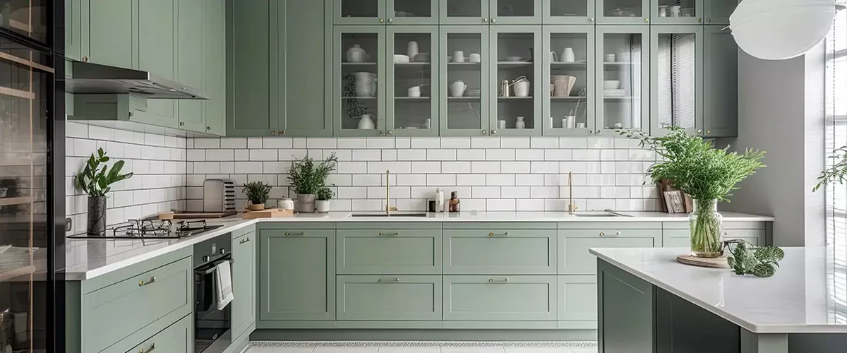 Bright and airy kitchen with muted sage green cabinetry, glass-front display cupboards, and a classic white subway tile backsplash.