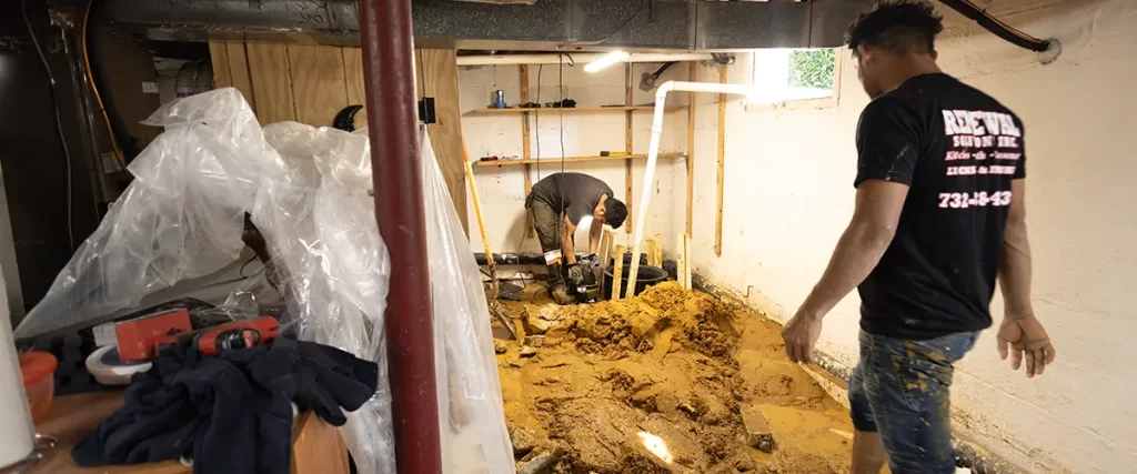 Contractors performing basement waterproofing and foundation repair in flooded crawl space area