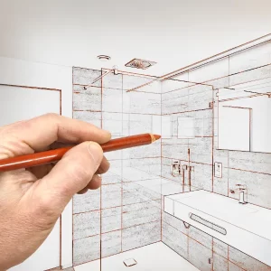 a composite of a real bathroom and a hand drawn sketch, illustrating the process of bathroom design or remodeling