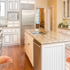 A first-person view of hands framing a modern kitchen interior transitioning from a line drawing to a finished remodel, reflecting building permit standards.